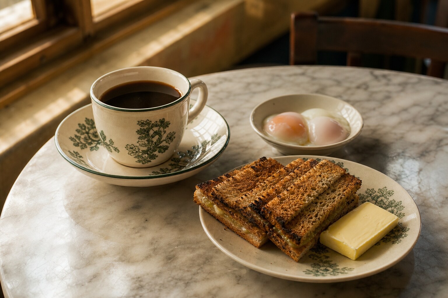 Kaya toast and a cup of kopi on a marble kopitiam table